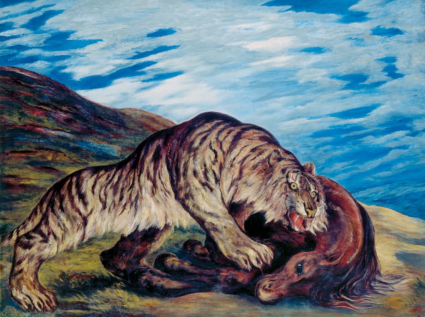 Tigre che sbrana un cavallo