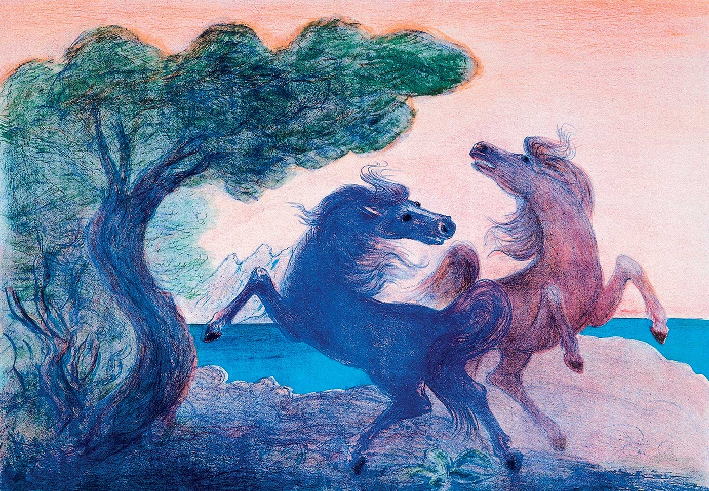 Due cavalle in riva al lago