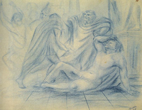 <div><span style="font-size: 18px"><em>Studio per La morte di Cesare</em> 1938</span></div><div><span style="font-size: 18px">Matita blu</span></div><div><span style="font-size: 18px">24,5 × 31,8 cm</span></div>