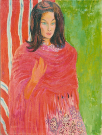 <div><span style="font-size: 18px"><em>La fanciulla dallo scialle rosso (Carla Parmeggiani)</em>, 1961</span></div><div><span style="font-size: 18px">olio su tela</span></div><div><span style="font-size: 18px">80 × 60 cm</span></div>